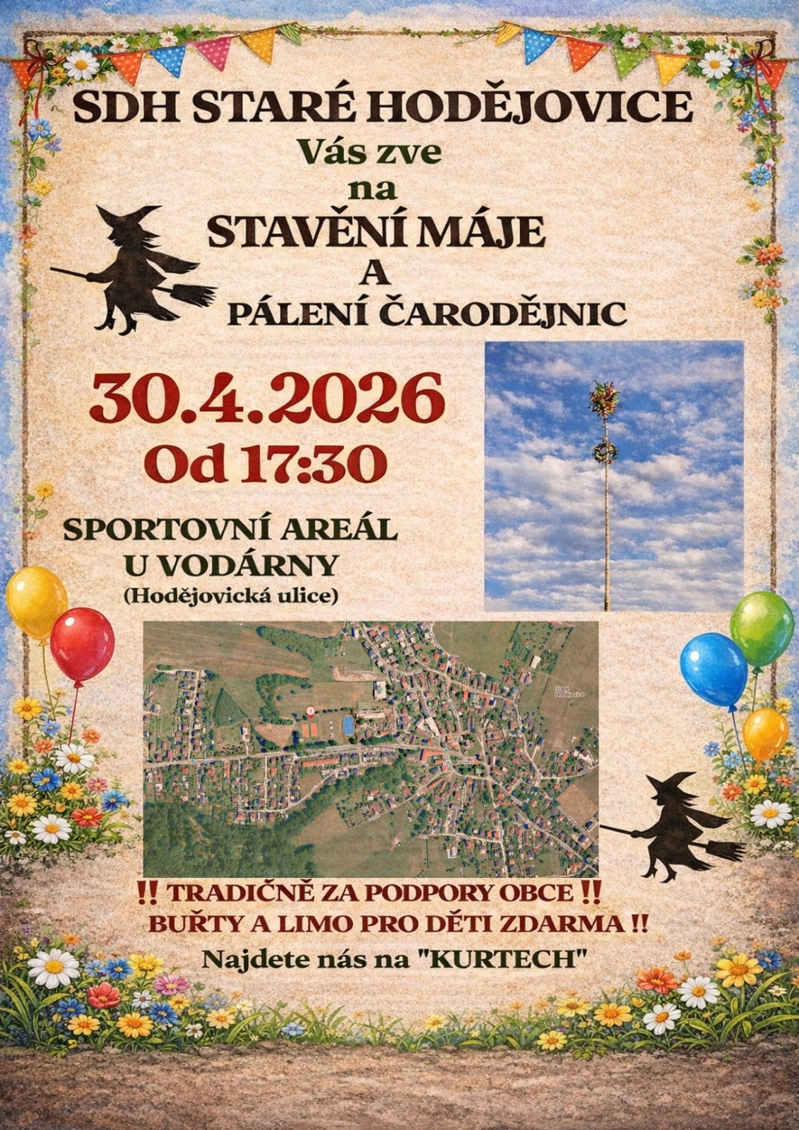 POZVÁNKA NA STAVĚNÍ MÁJE A PÁLENÍ ČARODĚJNIC DNE 30.4.2026 OD 17:30 HODIN